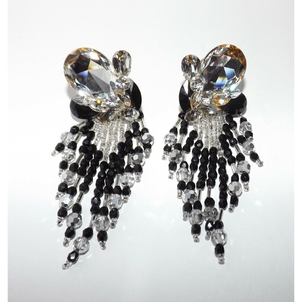 Vintage 80s 90s Crystal Cluster Beaded Fringe Statement Dynasty Clip On Earrings